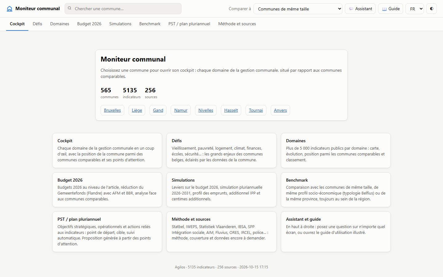 Page d'accueil : le contenu de l'application et des exemples de communes.