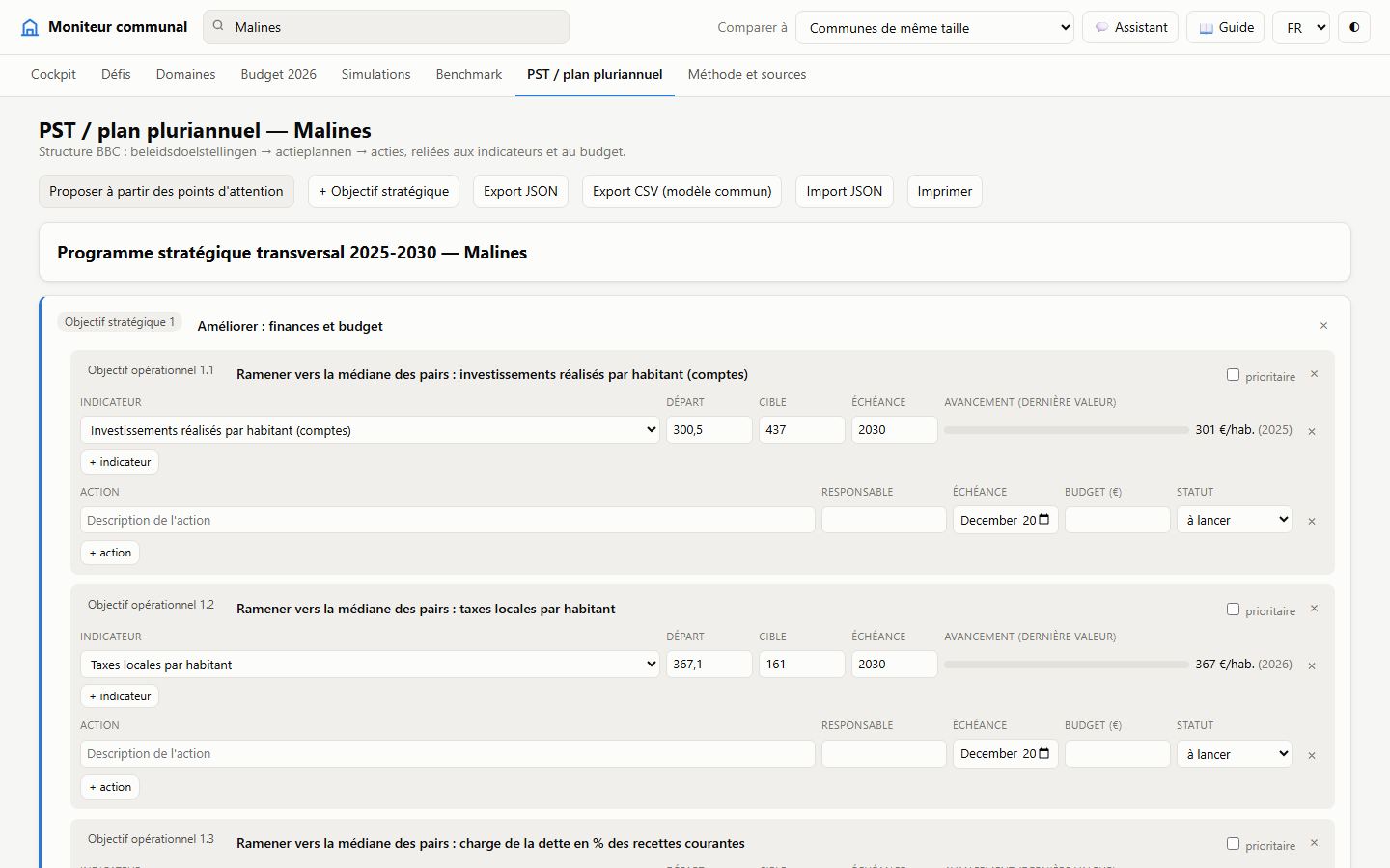 Une proposition de plan, reliée aux indicateurs.