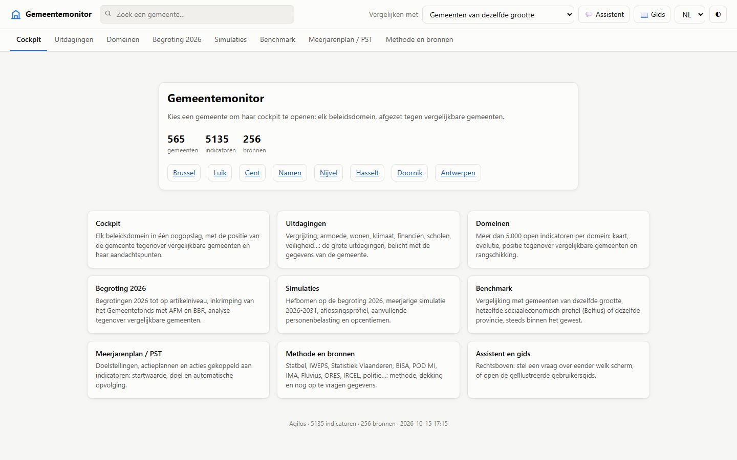 Startpagina: de inhoud van de toepassing en voorbeelden van gemeenten.